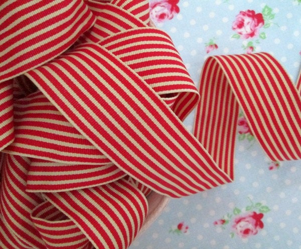 Striped Grosgrain Ribbon - Red and Ivory - 1 1/2 inch - 1 Yard