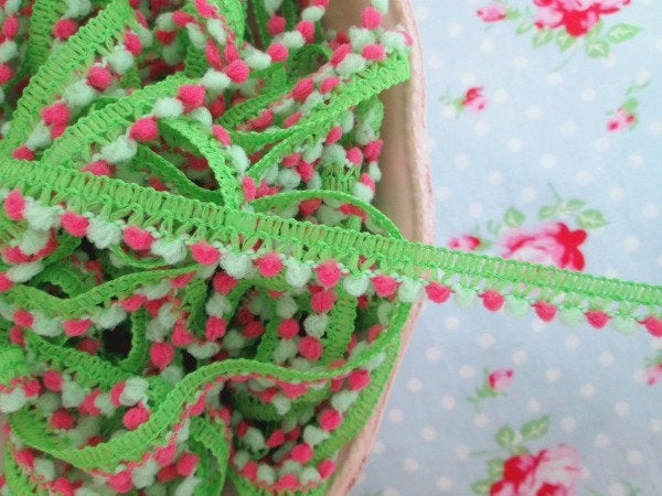 Mini Pom Pom Trim - Pink and Green - Ball Fringe - 1 Yard - Sugar Pink Boutique