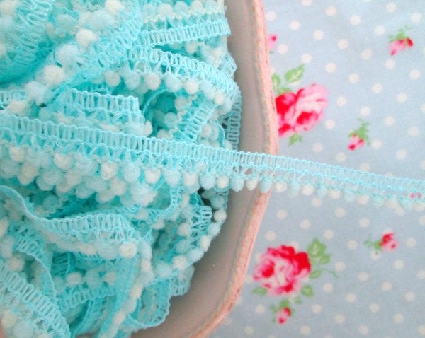 Mini Pom Pom Trim - Blue and Ivory - Ball Fringe - 1 Yard