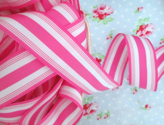 Striped Grosgrain Ribbon -  Bubblegum Pink and White - 1 1/2 inch - 1 Yard - Sugar Pink Boutique