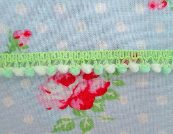 Mini Pom Pom Trim - Green and Ivory - Ball Fringe - 1 Yard - Sugar Pink Boutique