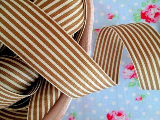 Striped Grosgrain Ribbon - Brown and Ivory - 1 1/2 inch - 1 Yard - Sugar Pink Boutique