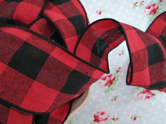 Buffalo Check Wired Ribbon - Red and Black - 2 1/2 inch - 1 Yard - Sugar Pink Boutique