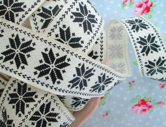 Black and Ivory Scandinavian Nordic Snowflake Wired Christmas Ribbon - 1 Yard - Sugar Pink Boutique