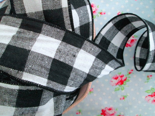 Buffalo Check Wired Ribbon - Black and White- 2 1/2 inch - 1 Yard - Sugar Pink Boutique