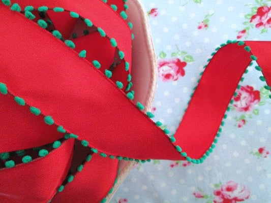 Pom Pom Edge Wired - Red and Green - Ribbon - 1 1/2 inch - 1 Yard - Sugar Pink Boutique