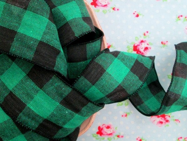 Buffalo Check Wired Ribbon - Green and Black - 2 1/2 inch - 1 Yard - Sugar Pink Boutique