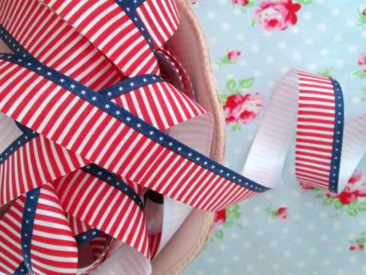 Patriotic American Flag - Red White & Blue - Satin Ribbon - 7/8 inch - 1 Yard - Sugar Pink Boutique