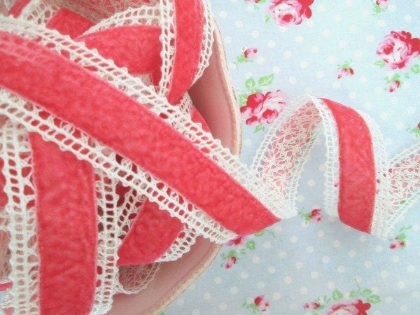 Velvet Center Crochet Ribbon - Rose Pink and Cream - 1 1/2 inch - 1 Yard - Sugar Pink Boutique