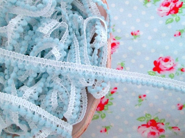 Mini Two Tone Pom Pom Trim - Blue and White - Ball Fringe - 1 Yard - Sugar Pink Boutique