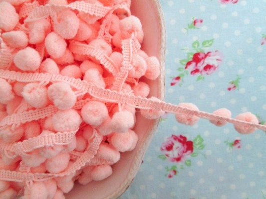 Pom Pom Trim - Peachy Pink Dangling - 1/2 inch Ball Fringe - 1 Yard - Sugar Pink Boutique