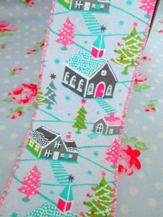Pastel Churches Wired Edge Ribbon - 2 1/2 inch - 1 Yard - Sugar Pink Boutique