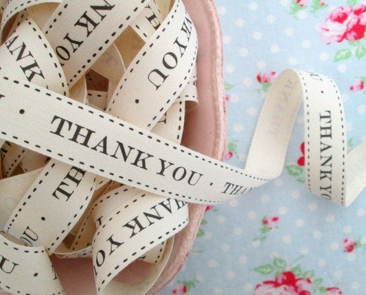 Thank You Ivory Canvas Ribbon - 3/4 inch - 1 Yard - Sugar Pink Boutique