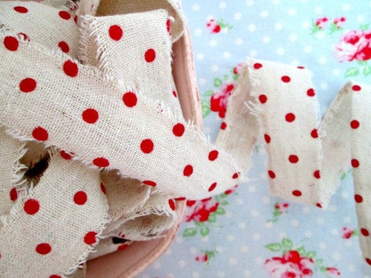 Red Polka Dots on Natural Ribbon with Frayed Edges - 1 1/2 inch - 1 Yard - Sugar Pink Boutique