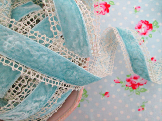 Velvet Center Crochet Ribbon - Powder Blue and Cream - 1 1/2 inch - 1 Yard - Sugar Pink Boutique