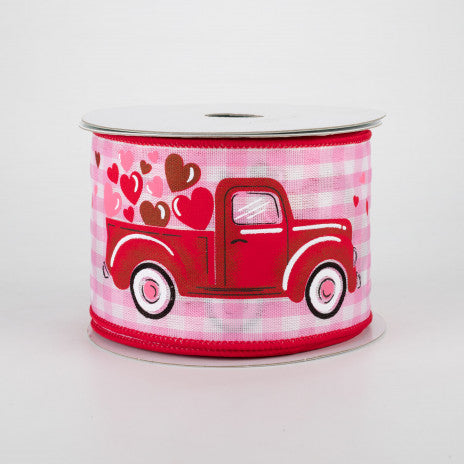 2 1/2" Truck With Hearts Gingham Check Wired Ribbon: Light Pink - 1 Yard - Sugar Pink Boutique