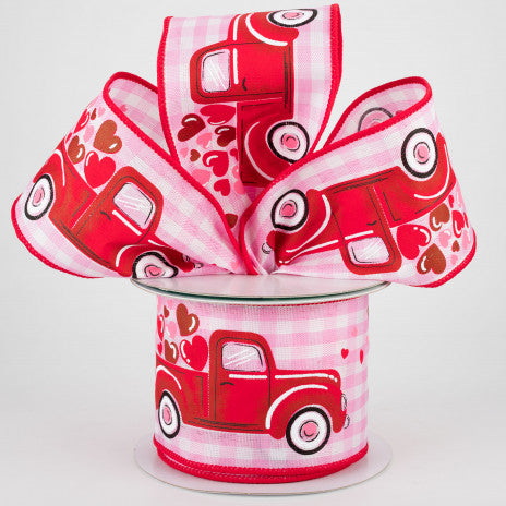 2 1/2" Truck With Hearts Gingham Check Wired Ribbon: Light Pink - 1 Yard - Sugar Pink Boutique