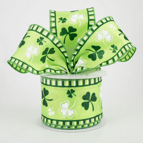 2 1/2" Lime Satin & Shamrocks Wired Ribbon - 1 Yard - Sugar Pink Boutique