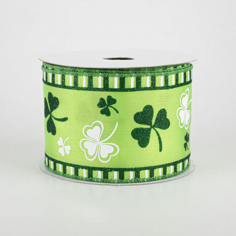 2 1/2" Lime Satin & Shamrocks Wired Ribbon - 1 Yard - Sugar Pink Boutique