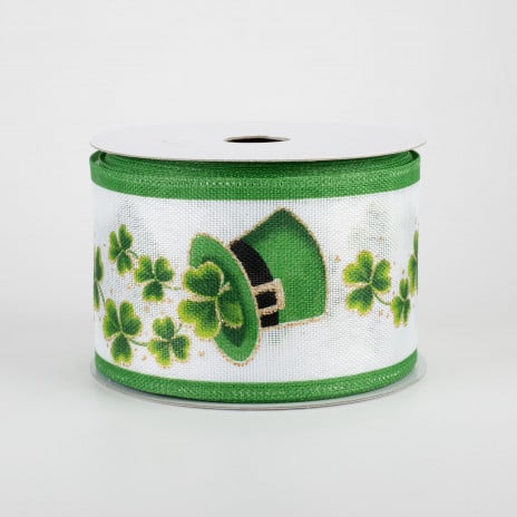 2 1/2" Shamrock Leprechaun Hat Wired Ribbon: White - 1 Yard - Sugar Pink Boutique