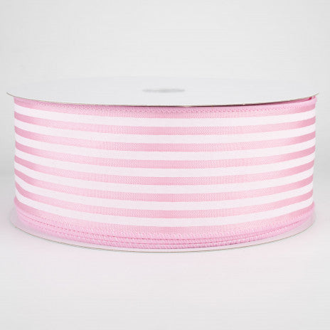 2 1/2 " Striped Wired Ribbon: White on Pink Satin - 1 Yard - Sugar Pink Boutique