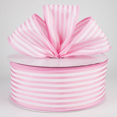 2 1/2 " Striped Wired Ribbon: White on Pink Satin - 1 Yard - Sugar Pink Boutique