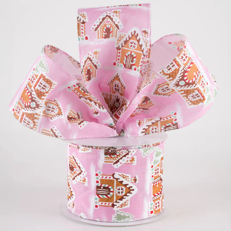 2 1/2" Gingerbread House Wired Ribbon: Pink - 1 Yard