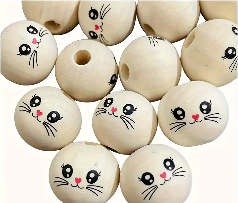 Bunny Face Wooden Beads - Set of 10