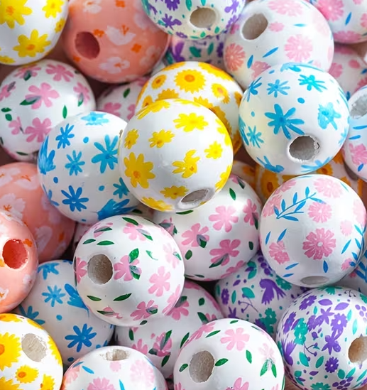 Spring Floral Wooden Beads - Set of 49
