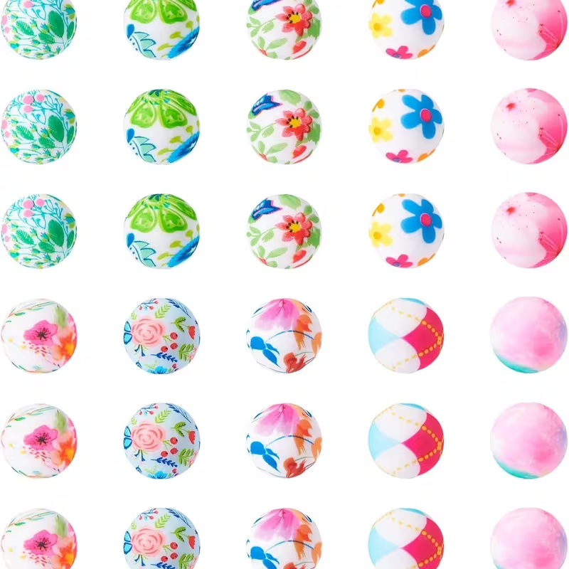 Floral Silicone Round Beads - Set of 30