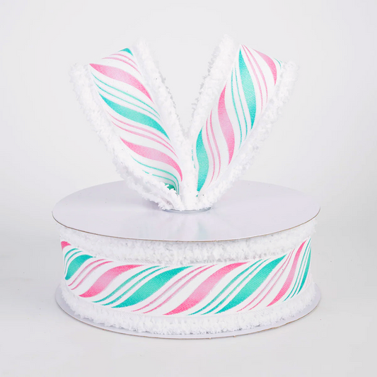 1 1/2" Glittered Peppermint Candy Cane Twist Drift Edge Wired Ribbon: Pink & Mint - 1 Yard