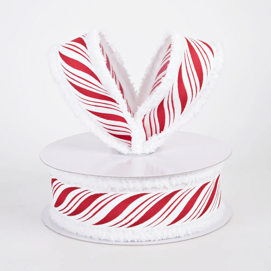 1 1/2" Glittered Peppermint Candy Cane Twist Drift Edge Wired Ribbon: Red & White - 1 Yard