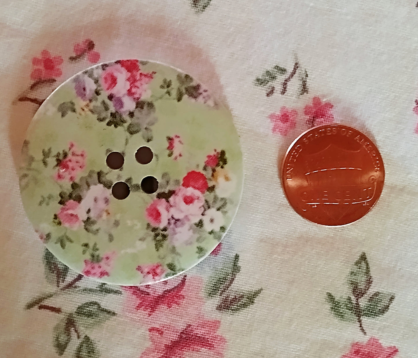 Large Wooden Pink & Green Floral Painted Buttons - Set of 5