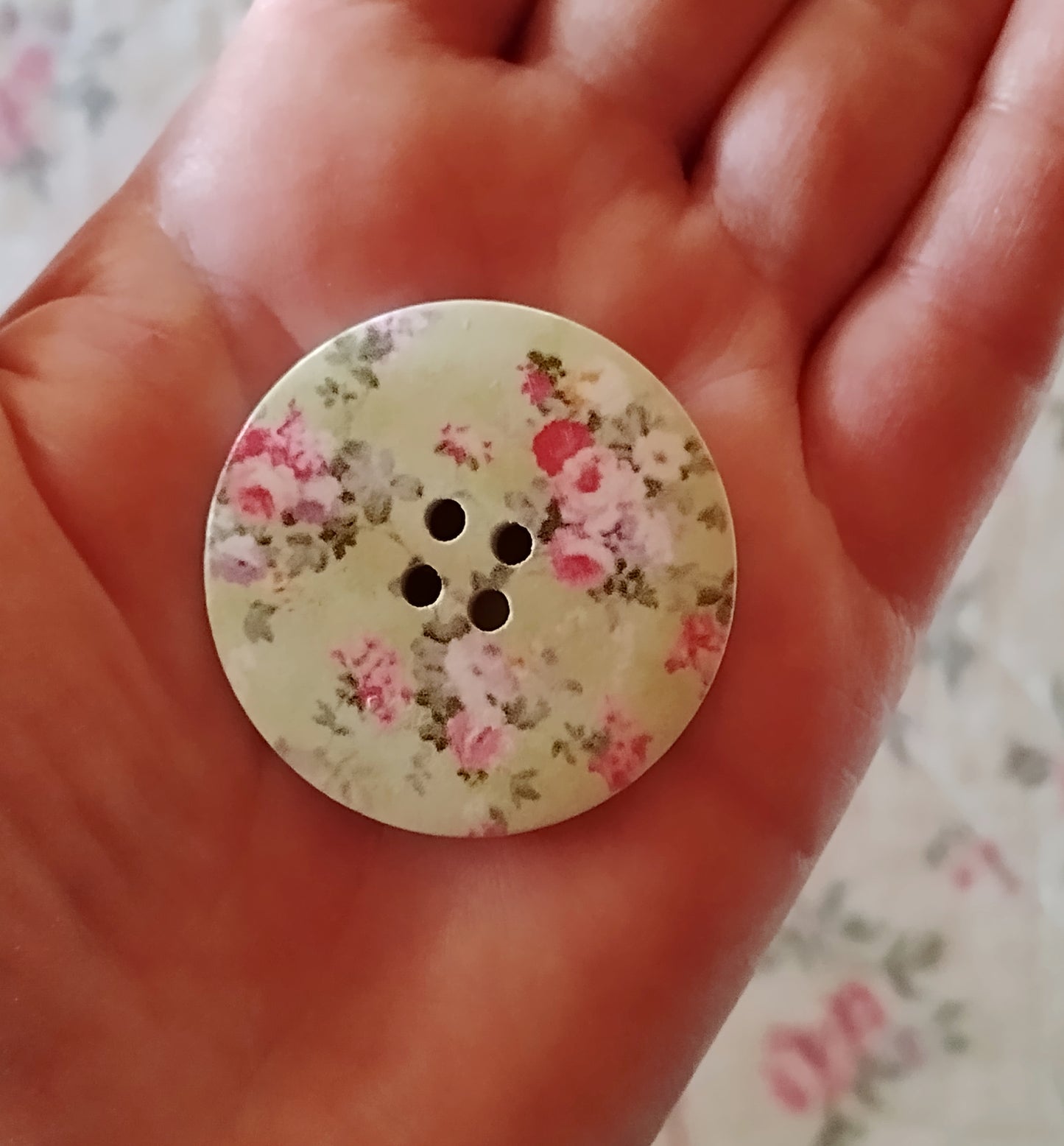 Large Wooden Pink & Green Floral Painted Buttons - Set of 5