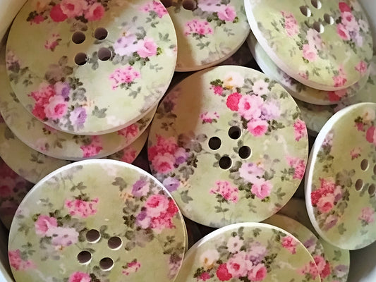 Large Wooden Pink & Green Floral Painted Buttons - Set of 5