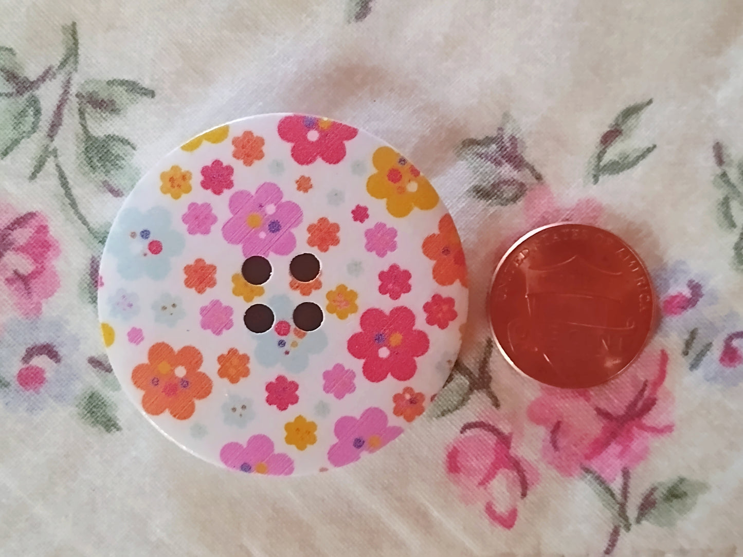 Large Wooden Pink & Orange Floral Painted Buttons - Set of 5