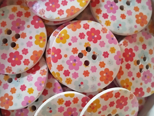 Large Wooden Pink & Orange Floral Painted Buttons - Set of 5