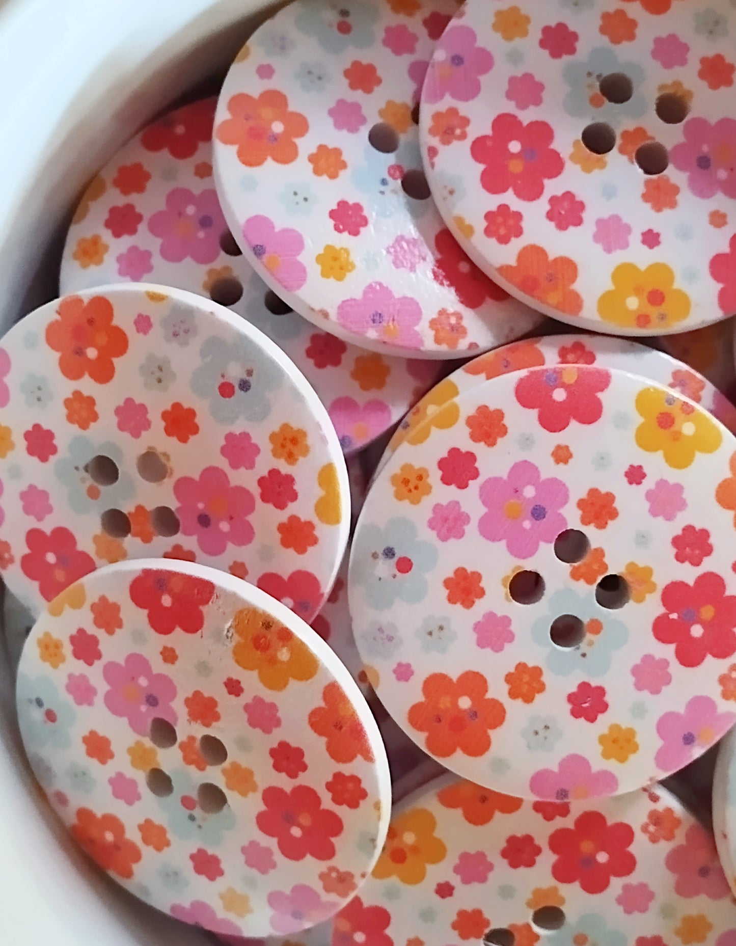 Large Wooden Pink & Orange Floral Painted Buttons - Set of 5