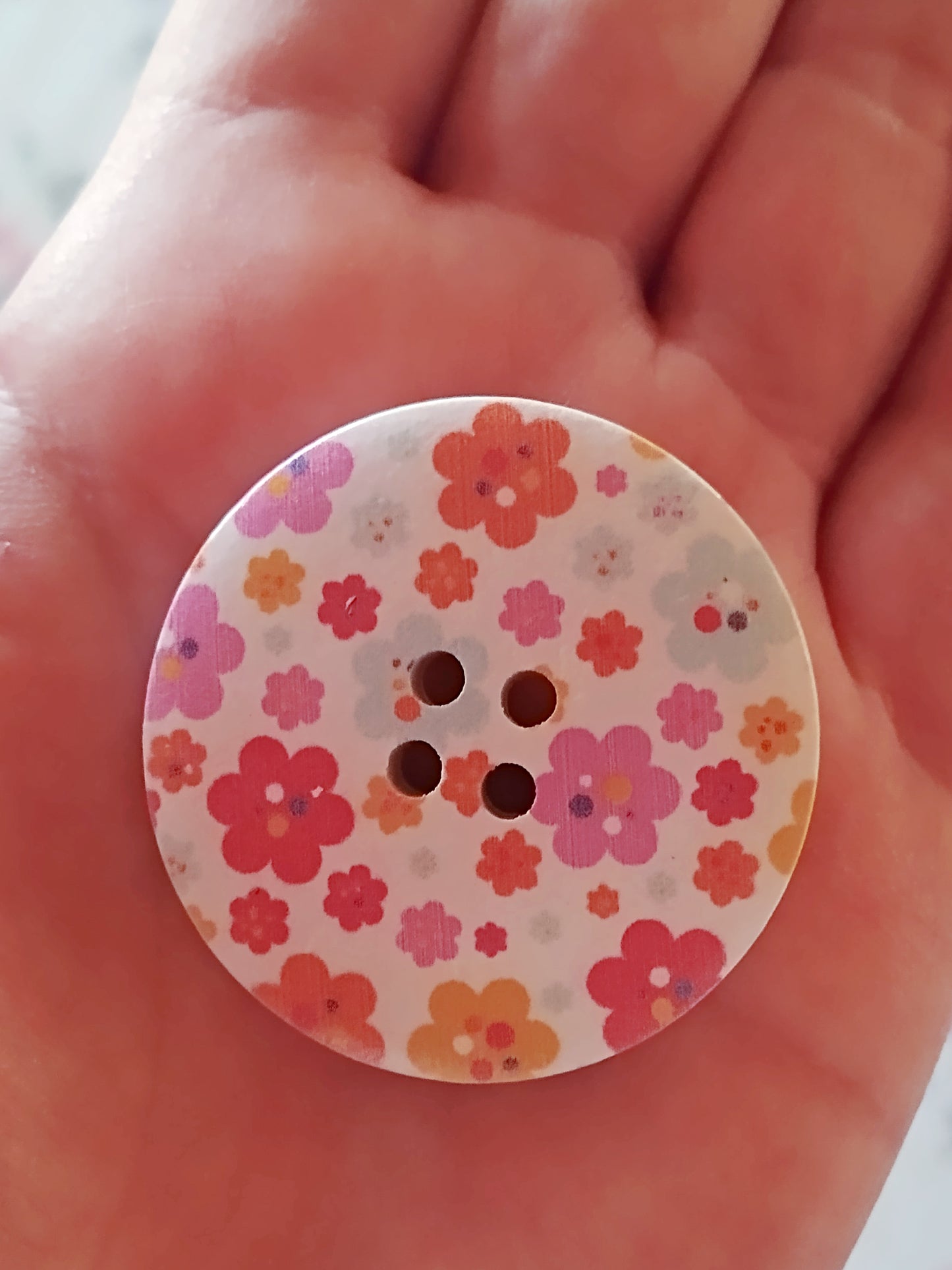 Large Wooden Pink & Orange Floral Painted Buttons - Set of 5