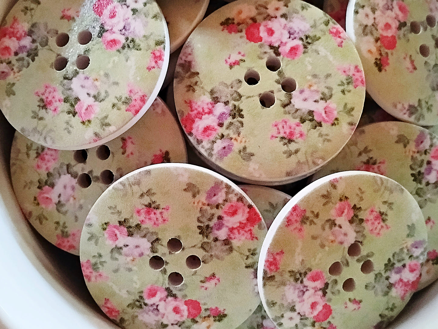 Large Wooden Pink & Green Floral Painted Buttons - Set of 5