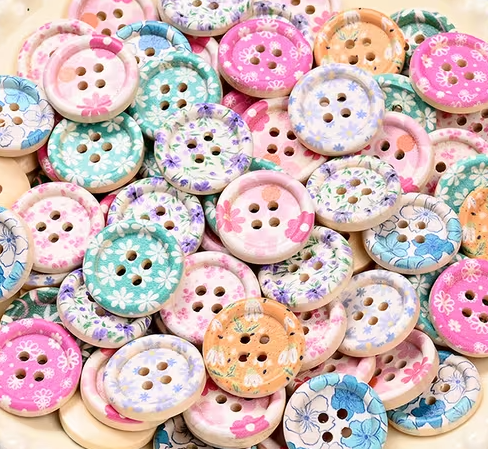 Spring Floral Wooden Painted Buttons - Set of 30