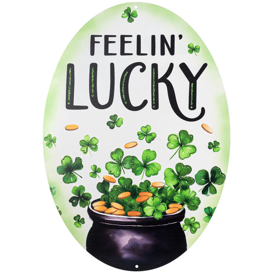 15" Oval Metal Sign: Glittered Feeling Lucky
