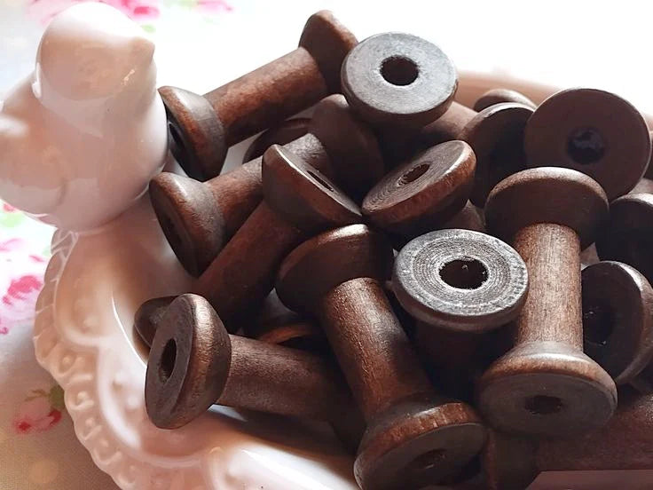 Set of 5 - Dark Walnut Brown Wooden Spools - 1.57"