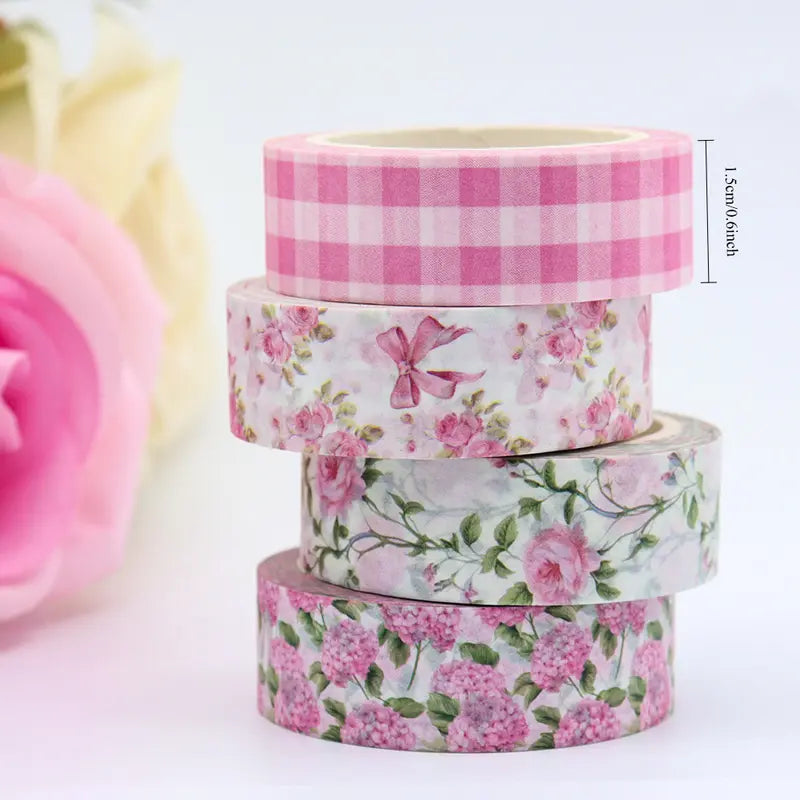 Shabby Chic Pink and White Floral Washi Tape - Set of 4