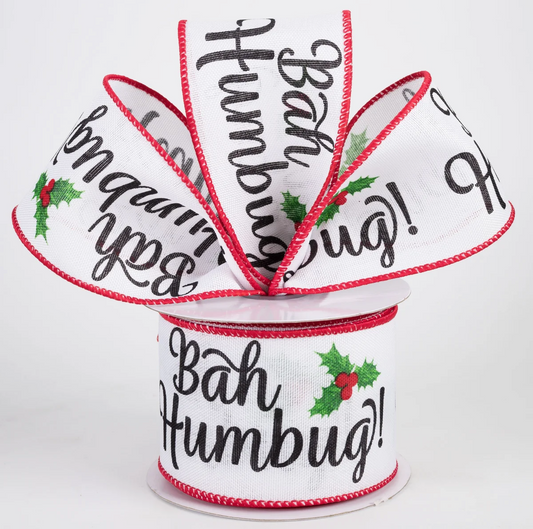 2 1/2" Bah Humbug Wired Ribbon: White - 1 Yard