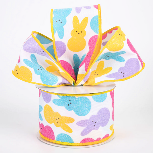 2 1/2" Glittered Marshmallow Sugar Bunnies Wired Ribbon: Bright Pastels