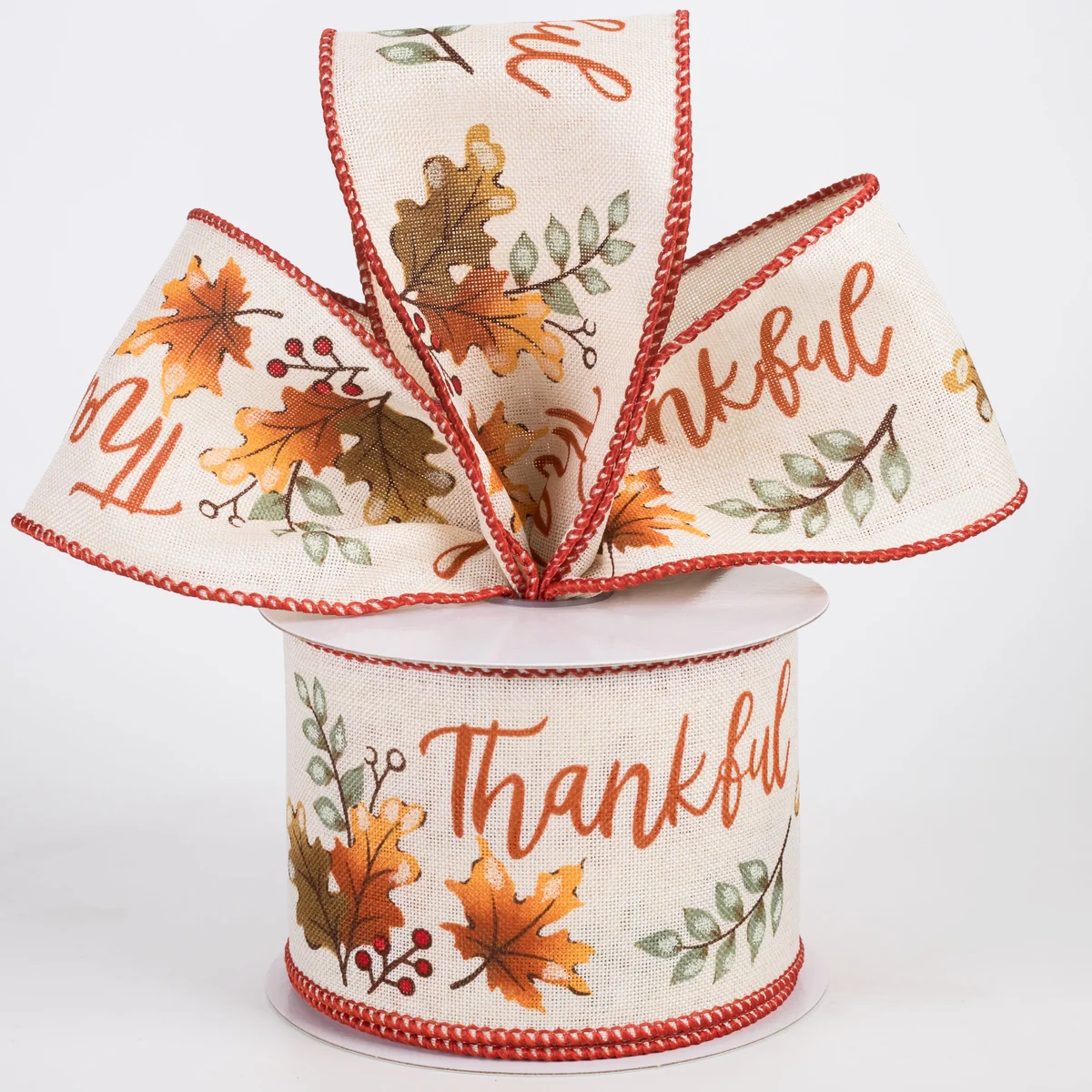2 1/2" Linen Thankful Garland Wired Ribbon: Ivory - 1 Yard