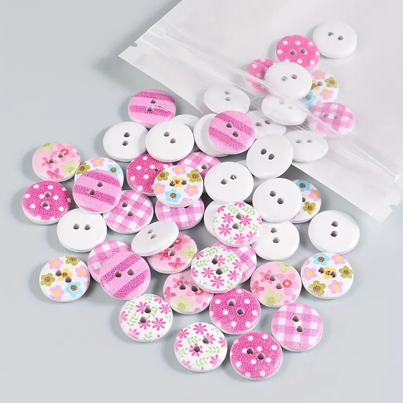 Pink and White Spring Mix Wooden Painted Buttons - Set of 50