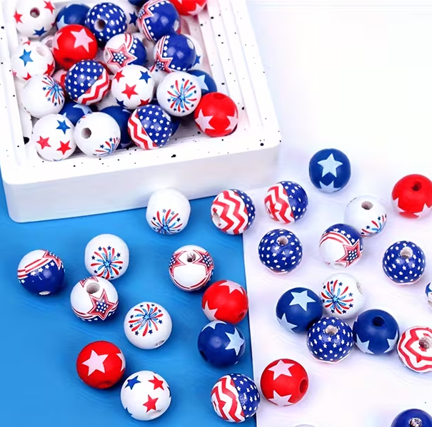 Patriotic Wooden Beads - Set of 50