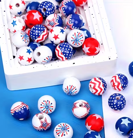Patriotic Wooden Beads - Set of 50